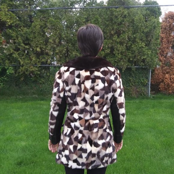 RARE Vintage 70's MINK Patchwork Leather Belted Jacket fits size S to M (6 to 8) - Picture 4 of 5